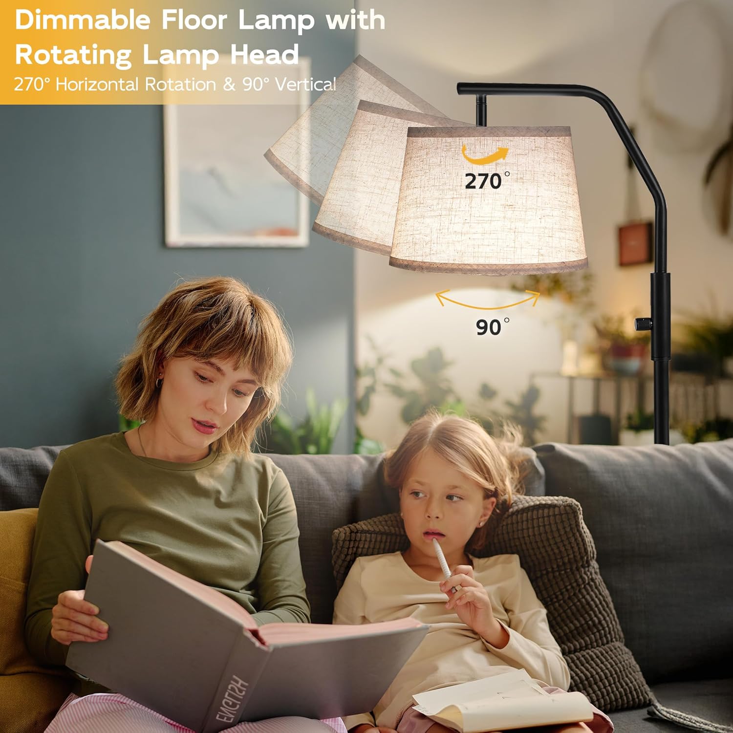 SUNMORY Floor Lamps for Living Room, 9W Bulb Included, Tall Lamp for Bedroom with Adjustable Head, Modern Standing Lamp, 0-100% Dimmable Arc Floor Lamp for Dining Room Office Nursery, Black. - Image 2