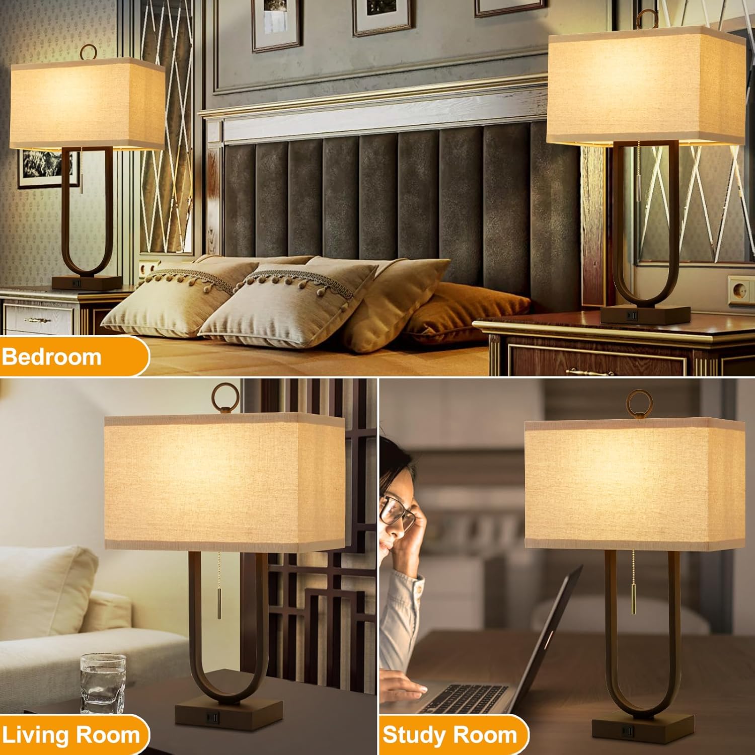 Luvkczc Bedside Lamps Set of 2, 24'' Tall Table Lamps for Night Stands with USB C+A Ports, 3000K LED Bulbs - Modern Desk Lamp for Bedroom, Living Room, Office, Beige Lampshade - Image 5