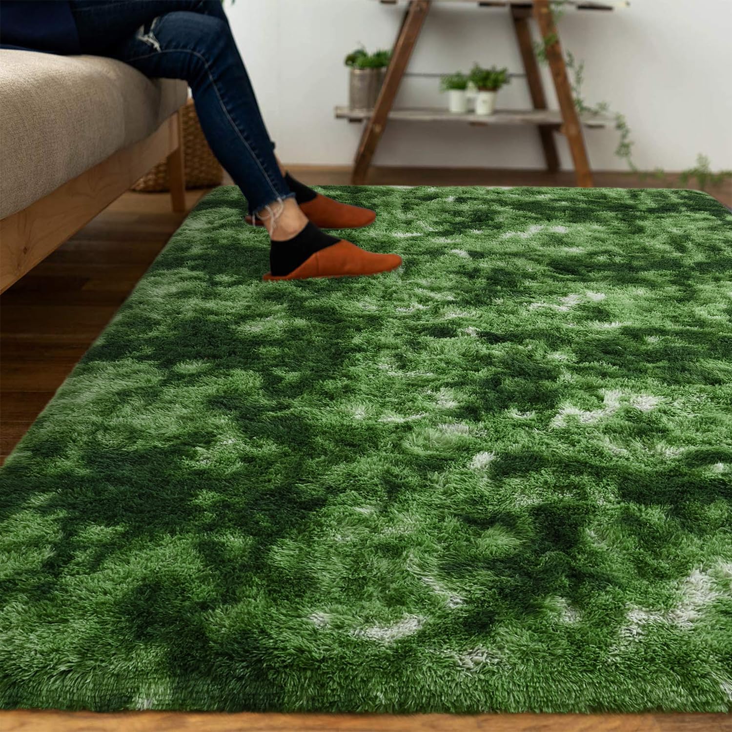 DweIke Fluffy Dark Green Rugs for Bedroom Living Room, 3x5 Feet Soft Plush Shaggy Tie-Dyed Forest Moss Green Girls Boys Kids Rug, Non-Slip and Machine Washable Carpet for Dorm Nursery Decor - Image 2