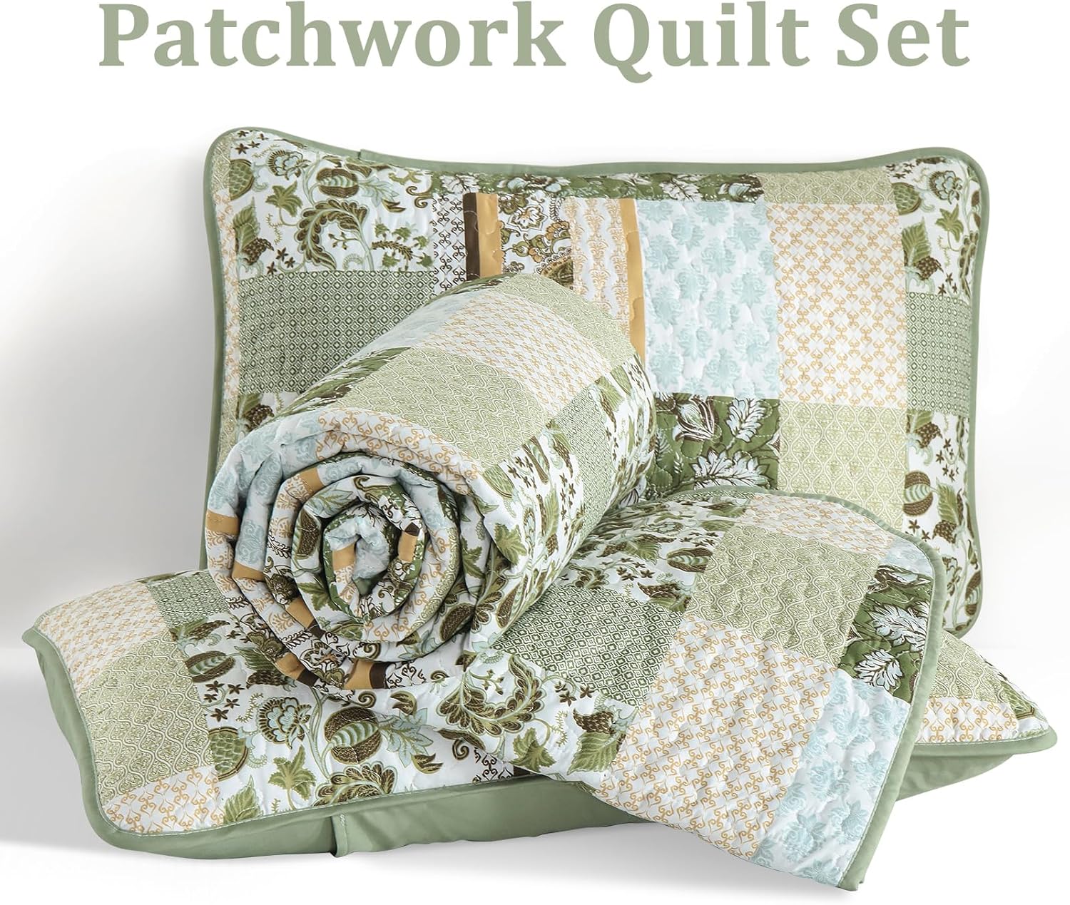 WONGS BEDDING Green Quilt Set King Size,Green Patchwork Plaid Printed Bedspread Coverlet Set,3 Pieces Summer Soft Microfiber Boho Bedding Set with 1 Quilt 2 Pillowcases - Image 7