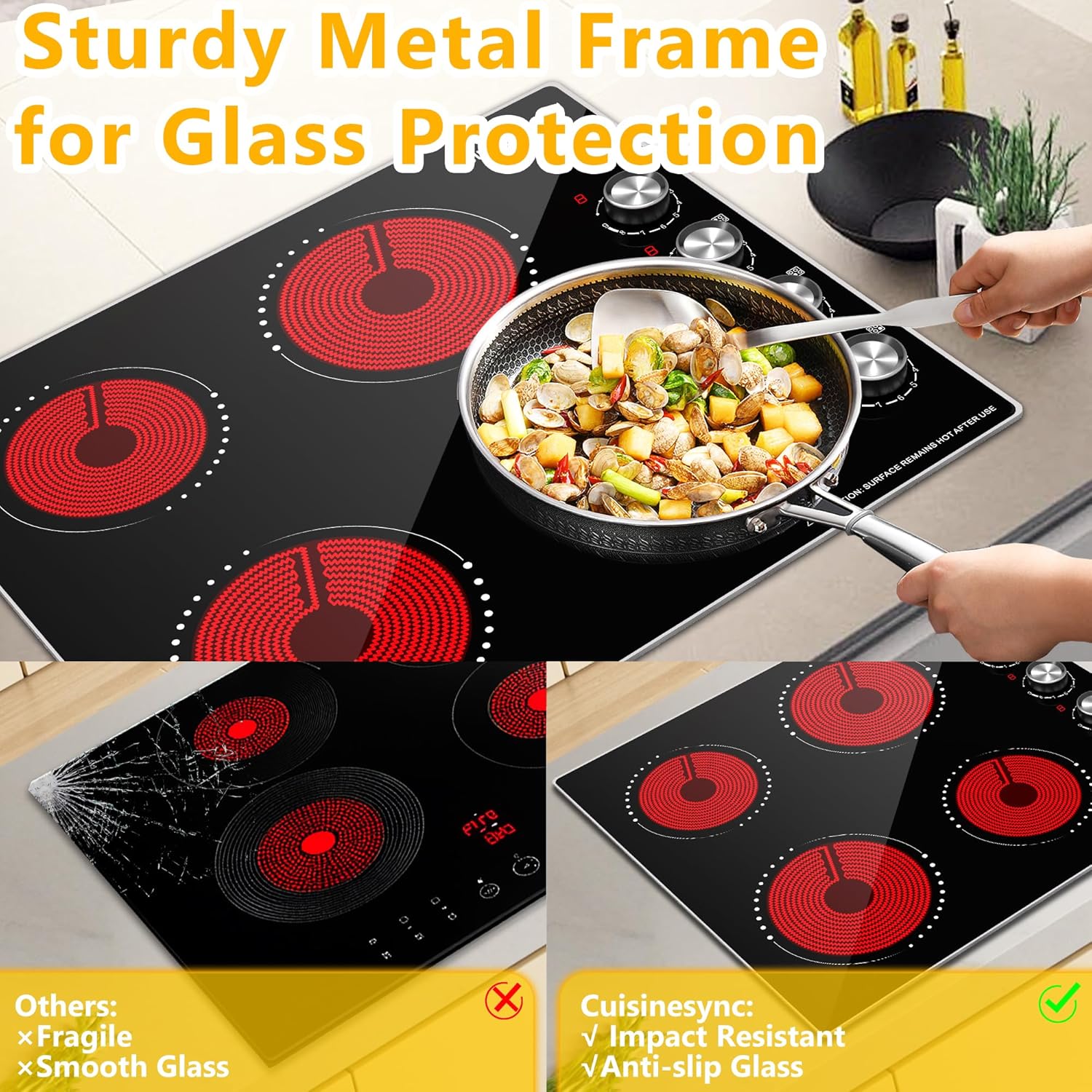 24 Inch Electric Cooktop, 4 Burner Ceramic Stove with 9 Power Levels, Knob Control, Auto shutdown and Residual Heat Warning, 6000W, 220-240V for Hard Wire - Image 8