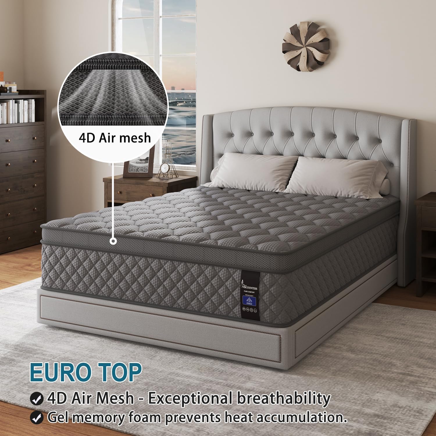 Full Mattress, 14 Inch Hybrid Mattresses Grey Euro Top Medium Firm for Back & Lumbar Support, 100 Night Trial, Individual Pocket Spring Bed for Motion Isolation & Pressure Relief - Image 9
