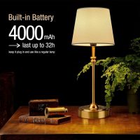 ONEWISH Cordless Lamp-Battery Operated Table lamp, 4000mAh Rechargeable, Stepless Dimmable, Small Touch Bedside Lamp with Fabric Shade, for Dining, Patio, Bathroom(Gold) - Image 2