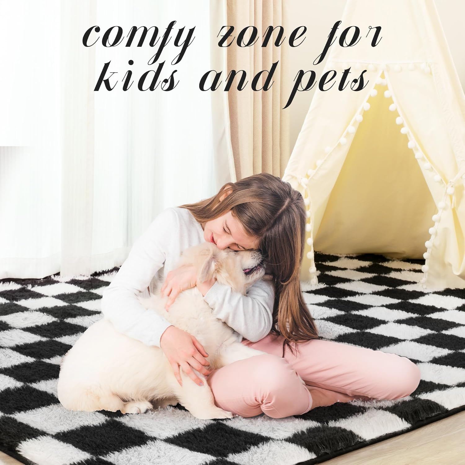 Super Soft Rug for Bedroom, 5x7 Ft Black and White Area Rug Classic Checkered Shaggy Anti-Skid High Pile Soft Fluffy Rug Fuzzy Carpet for Living Room Bedroom Kids Room Nursery, Dorm Home Decor - Image 6