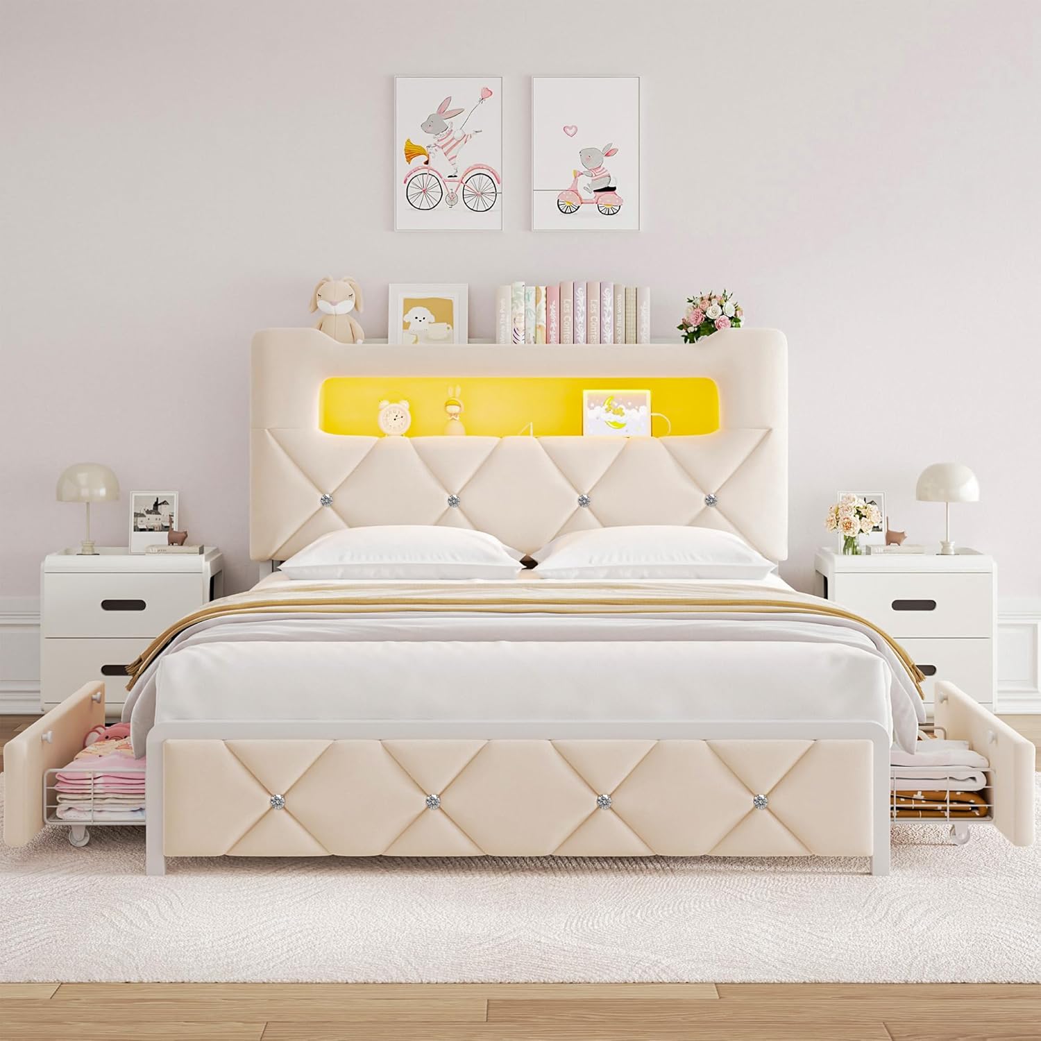 Full Upholstered LED Bed Frame with 2 Storage Drawers and 2-Tier Storage Headboard, Velvet Princess Platform Bed with Charging Station & Bookcase, Corner Bed Frame, Heavy Duty Metal Support, Beige - Image 8