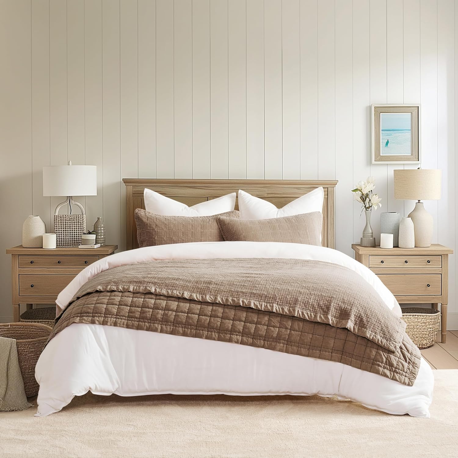 EVERGRACEHOME Stonewashed Cotton Quilt Set King Size, Ultra Soft Oversized Bedspread Coverlet Set, Lightweight Crinkle Box Stitch Bedding Sets for All Season, with 2 Shams, Mocha Brown - Image 8