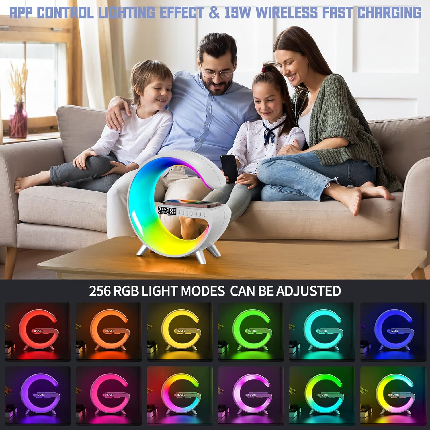 BKDRL Bluetooth Speaker Lamp with Wireless Charger, RGB Night Light, Alarm Clock, App Control - White - Image 2