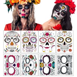 Temporary Face Tattoo, 8 Kits Tattoos Sugar Skull Stickers Day of The Dead Makeup, Face Tattoo Rose Design for Halloween, Masquerade and Parties