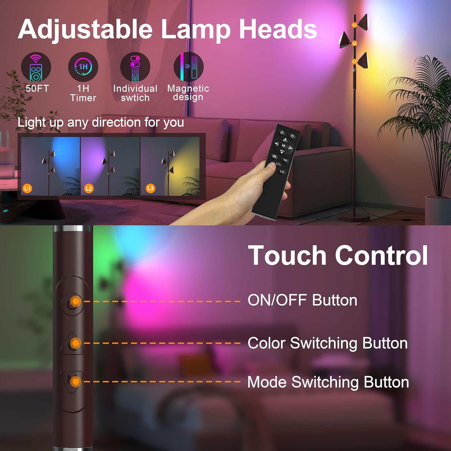 RGB Tree Floor Lamp for Living Room, Stepless Dimmable Tall Standing Lamp with Remote, Touch Control and 3 Rotatable Light, Bright LED Lights for Bedroom with 4 Color-Changing, Oil Rubbed Bronze - Image 6