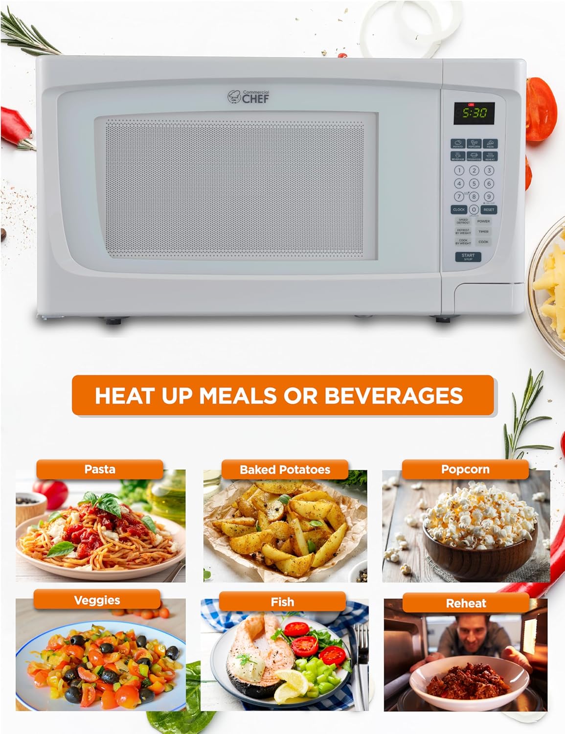 COMMERCIAL CHEF 1.6 Cubic Foot Microwave with 10 Power Levels, Small Microwave with Push Button, 1000 Watt Microwave with Digital Control Panels, Countertop Microwave with Timer, White - Image 2