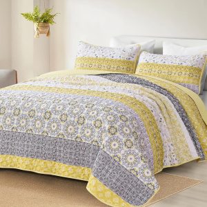 WONGS BEDDING Boho Quilt Set Queen, Yellow Bohemian Striped Patchwork Bedspread Coverlet Set with 2 Pillowcases,Lightweight Microfiber Floral Bedding Set 96"×90"