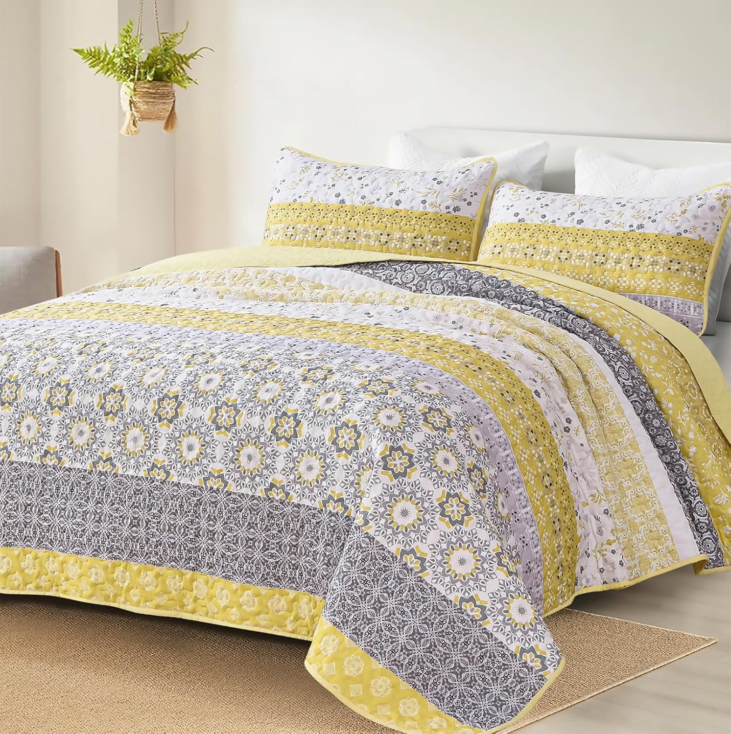 WONGS BEDDING Boho Quilt Set Queen, Yellow Bohemian Striped Patchwork Bedspread Coverlet Set with 2 Pillowcases,Lightweight Microfiber Floral Bedding Set 96"×90"