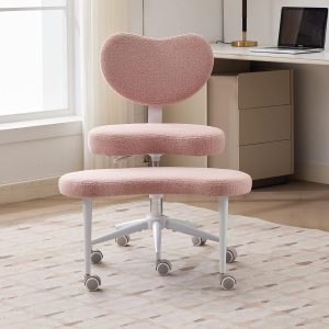 Cross Legged Office Chair with Wheels–360°Swivel Meditation Chair, Adjustable Height Yoga Office Chair for Adults, Ergonomic Kneeling Chair with Back Support for ADHD, Teddy Fabric, Pink