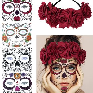4 Kits Day of the Dead Sugar Skull Temporary Face Tattoo Makeup Tattoo for Men and Women with 1 Rose Red Flower Crown Headband for Halloween Costume