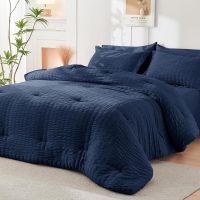 HYMOKEGE Navy Blue Queen Comforter Set Seersucker 7 Pieces, All Season Luxury Bed in a Bag for Bedroom, Bedding Set with Comforters, Sheets, Pillowcases & Shams - Image 8