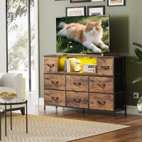 WLIVE TV Stand for 45, 50, 55 inch TV, Entertainment Center with LED Lights & Charging Station, TV Media Console Table with 8 Fabric Drawers and Open Shelves for Living Room, Hallway, Rustic Brown - Image 2