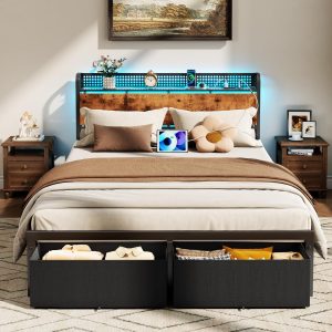 Furnulem Queen Size Bed Frame with Headboard, Platform Bed Frame Queen Size with 2 Storage Drawers and Charging Station & LED Lights, No Box Spring Needed, Noise Free