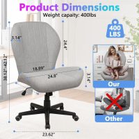 CLATINA Criss Cross Chair - Extra Wide Seat, Big and Tall Cloth Fabric Armless Office Chair with Wheels, Heavy Duty Desk Chair with Curved Backrest, Plus Size Cross Legged Vanity Chairs, Grey, 400LBS - Image 3