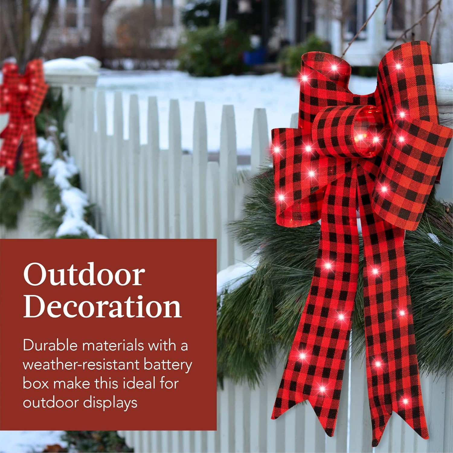 Best Choice Products Set of 3 Bows Pre-Lit Christmas Bow Decoration, Indoor/Outdoor LED Holiday Décor w/ 30 Lights, Outdoor Battery Box, Timer, 8 Light Functions - Red/Black Buffalo Plaid - Image 5