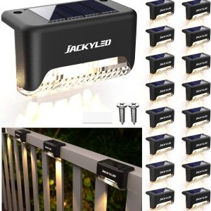 JACKYLED 16 Pack, Step Lights Waterproof LED Solar Power Outdoor Fence Light for Deck Stair Railing, Outside Lighting for Wall Garden Backyard Patio Balcony Decor