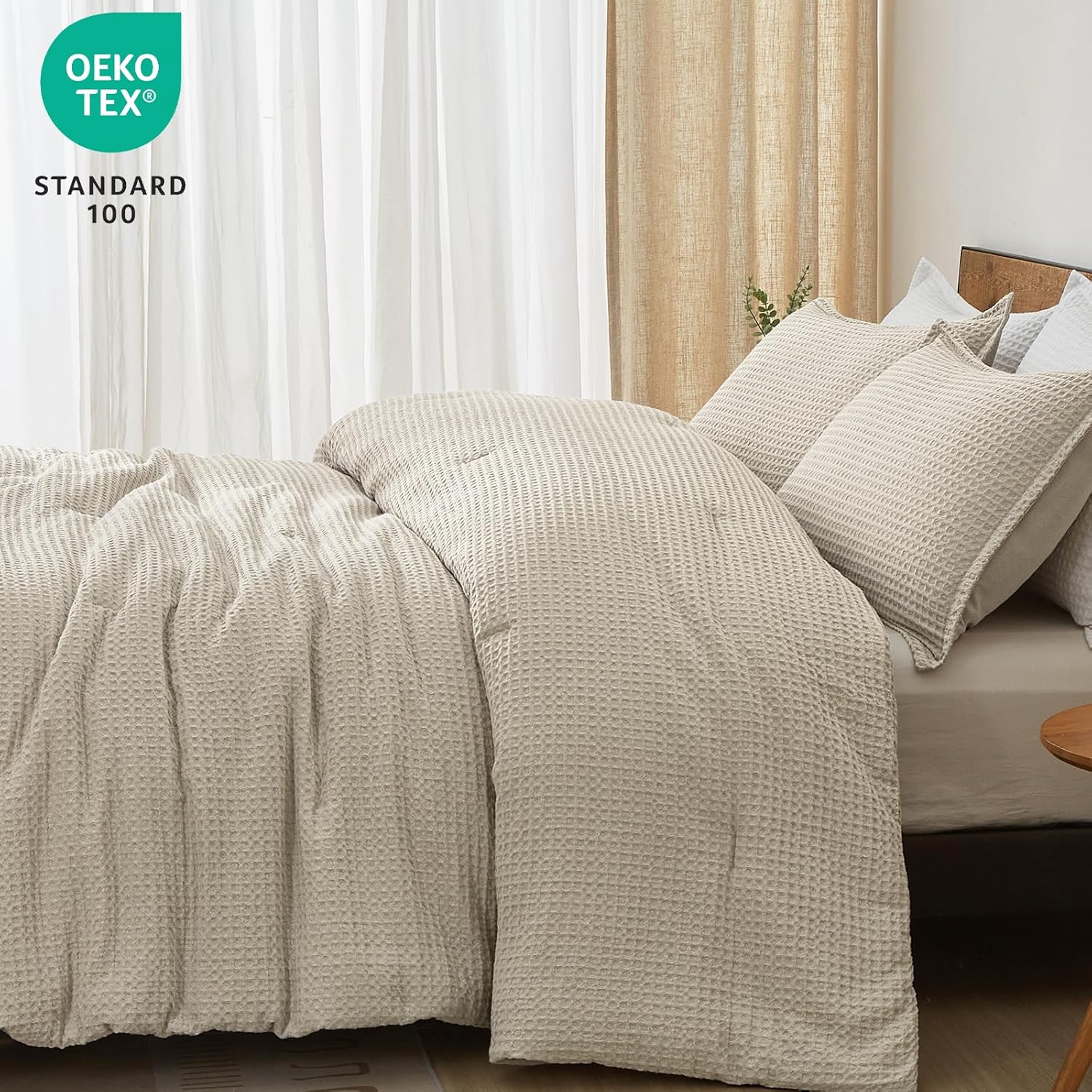 PHF Ultra Soft Waffle Weave Comforter Set Queen Size, 3 Pieces Lightweight Breathable Comfy Bedding Set for All Season, Comfy Textured 1 Comforter with 2 Pillow Shams, Linen - Image 6