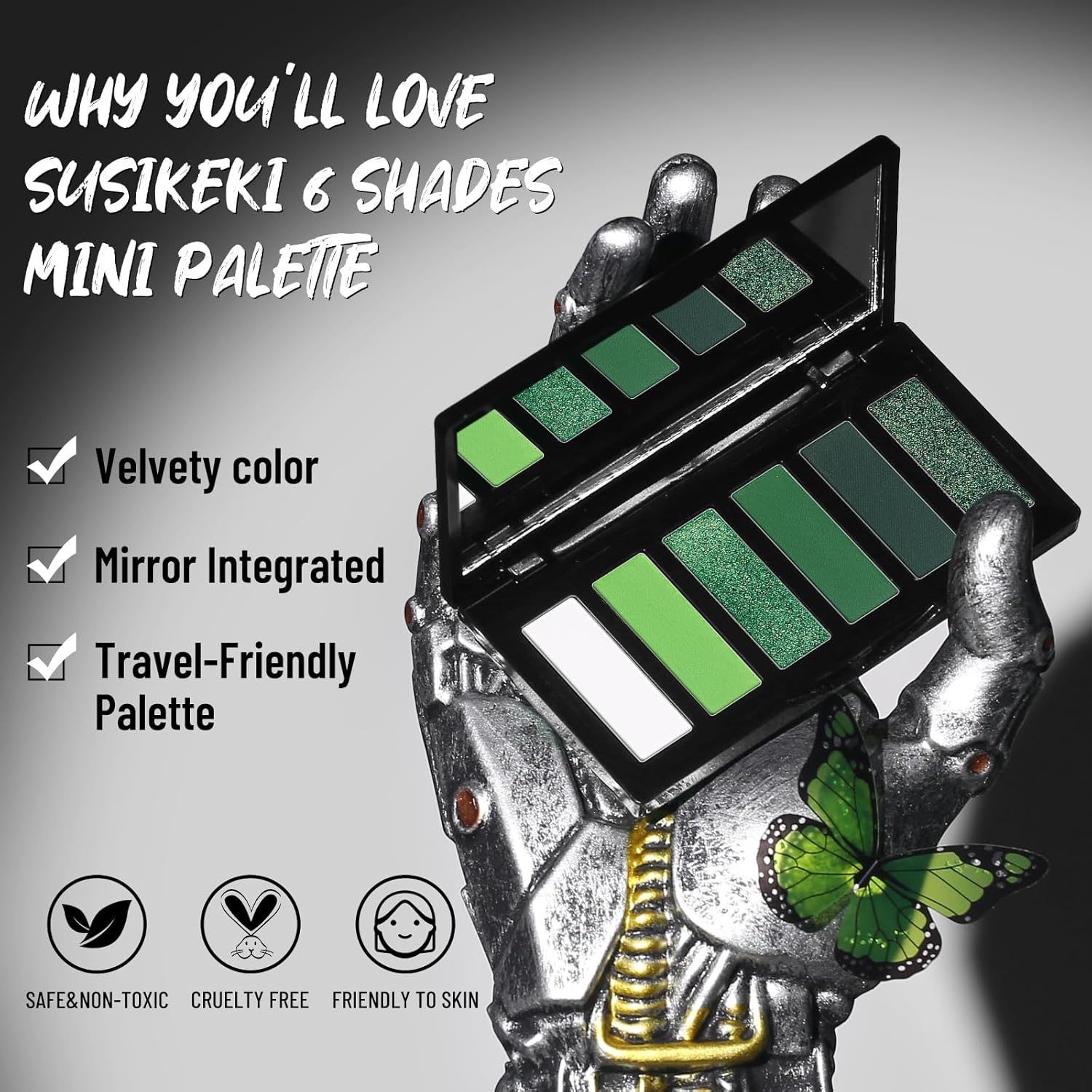 Green Eyeshadow Palette with Mirror Lime Forest Emerald Tones Matte Shimmer 6 Colors Mini Eye Shadow Pallet Travel Size Highly Pigmented for Goth Fairy Joker Wicked Halloween Parties Makeup - Image 2