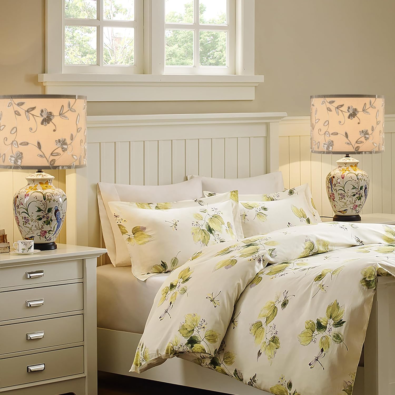 Creme Fabric Drum Lamp Shade with Embroidered Leaf Trim 13" Top x 13" Bottom x 10" High (Spider) Set of 2 Medium Lamp Shade for Table & Bedside Lamp Replacement Lampshades in Hand Crafted - Image 7