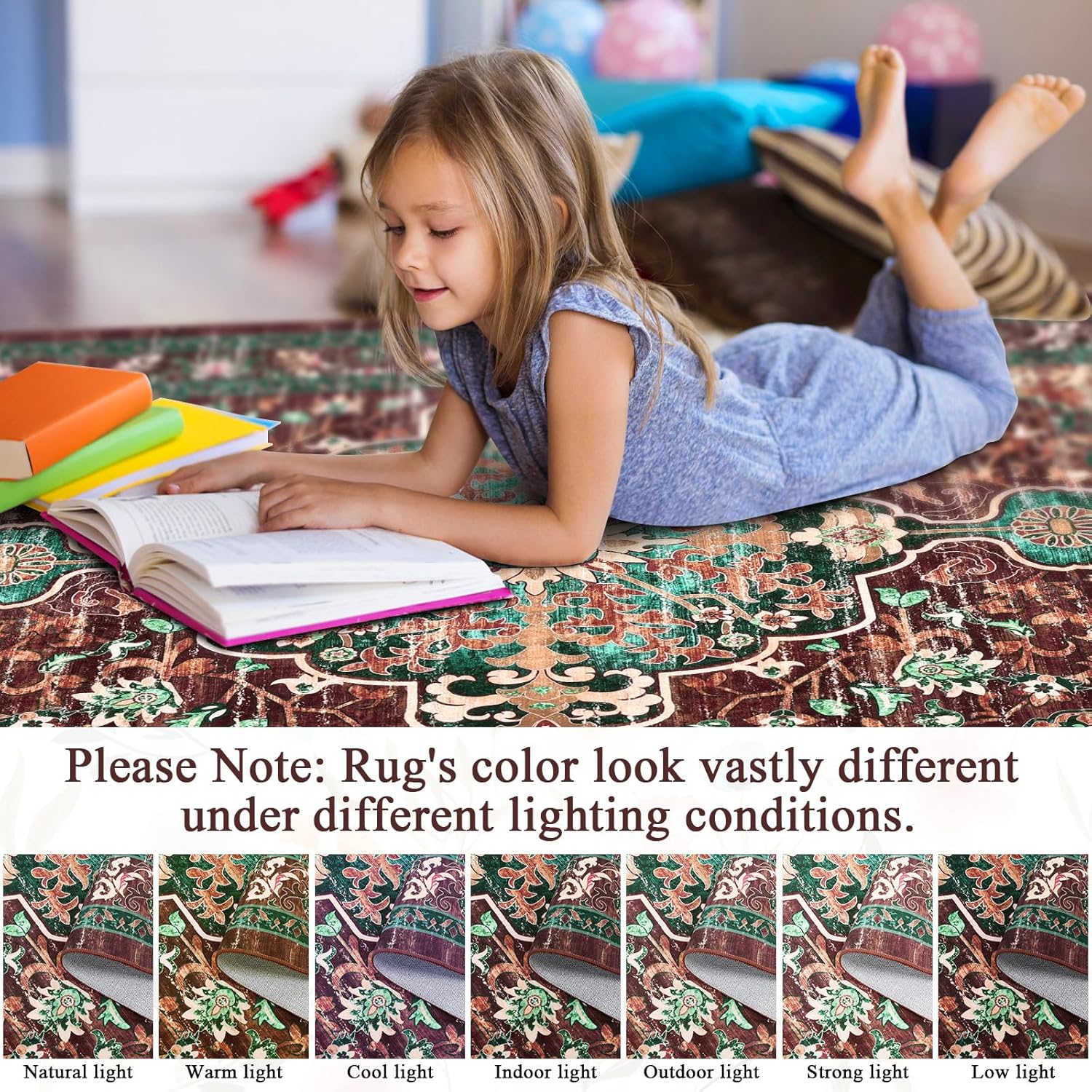 U'Artlines Boho Vintage Area Rug 5x7 Machine Washable Low Pile Ultra-Thin Soft Floor Carpet Non Slip Non Shedding Accent Rug for Living Room Bedroom Entryway Dining Room Office(Rust&Teal) - Image 9