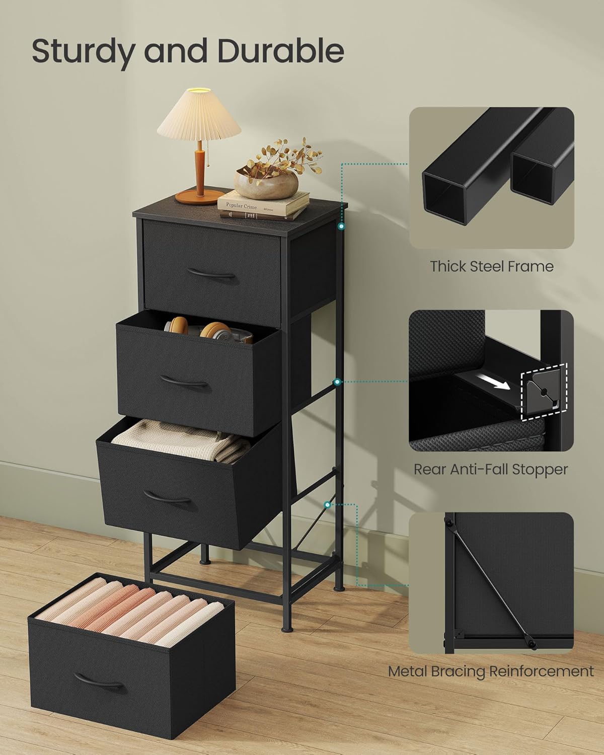 SONGMICS Dresser for Bedroom, Chest of Drawers, Steel, MDF, 4 Non-Woven Fabric Drawers, Storage Organizer Unit, Closet, Entryway, Ink Black and Ebony Black ULGS314B01S - Image 6