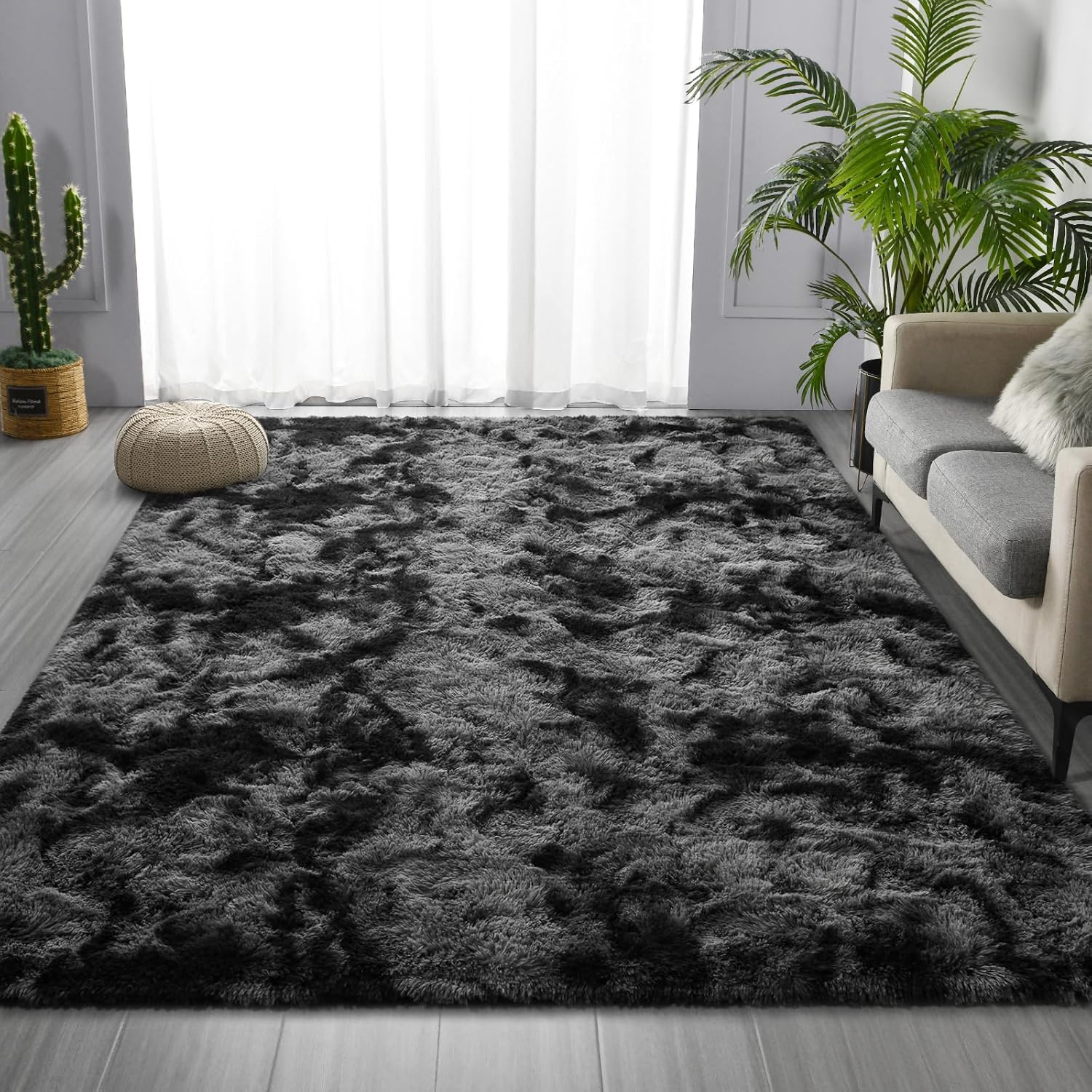 Large Shag Area Rugs 5 x 8, Tie-Dyed Plush Fuzzy Rugs for Living Room, Ultra Soft Fluffy Furry Rug for Bedroom, Indoor Carpet Nursery Rugs for Kids Room Home Decor, Dark Grey - Image 3