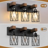 IZORRO Farmhouse Bathroom Vanity Light, 3-Light Wood Bathroom Light Fixtures Over Mirror, Black Industrial Vanity Lights with Metal Shade, Rustic Restroom Lighting Fixtures - Image 4