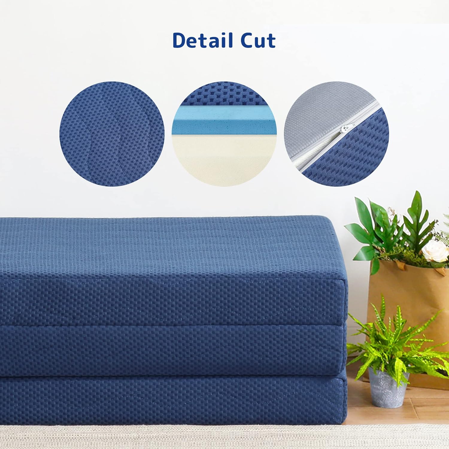 Olee Sleep Tri-Folding Memory Foam Mattress Topper, 4 Inch Gel Folding Mattress for Camping, Foldable Guest Bed, Washable Cover, CertiPUR-US Certified, Soft, Blue, Single Size - Image 3