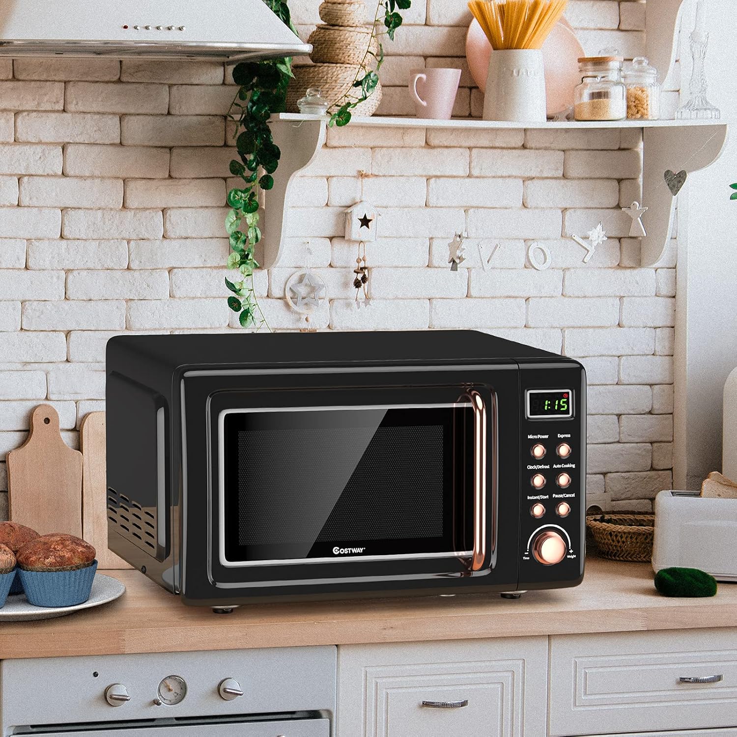 COSTWAY Retro Countertop Microwave Oven, 0.7Cu.ft, 700-Watt, High Energy Efficiency, 5 Micro Power, Delayed Start Function, with Glass Turntable & Viewing Window, LED Display, Child Lock (Gold) - Image 6