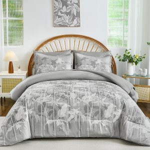 Drucon Grey Floral Comforter Set Queen Size, 7 Piece Dandelion Botanical Plant Comforter Bedding Set, Bed in a Bag Queen, Soft Microfiber Complete Bedding Set with Sheets for All Season