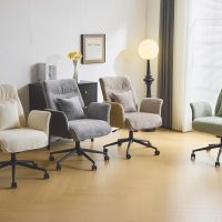 VINGLI Beige Swivel Office Chair with Back & Lumbar Pillow,Padded Arms,with Wheels,Comfy Modern Desk,Sewing,Dining,Vanity,Computer Task Chair for Home,Makeup,Nail Tech,Bedroom,Living Room,Chenille - Image 2