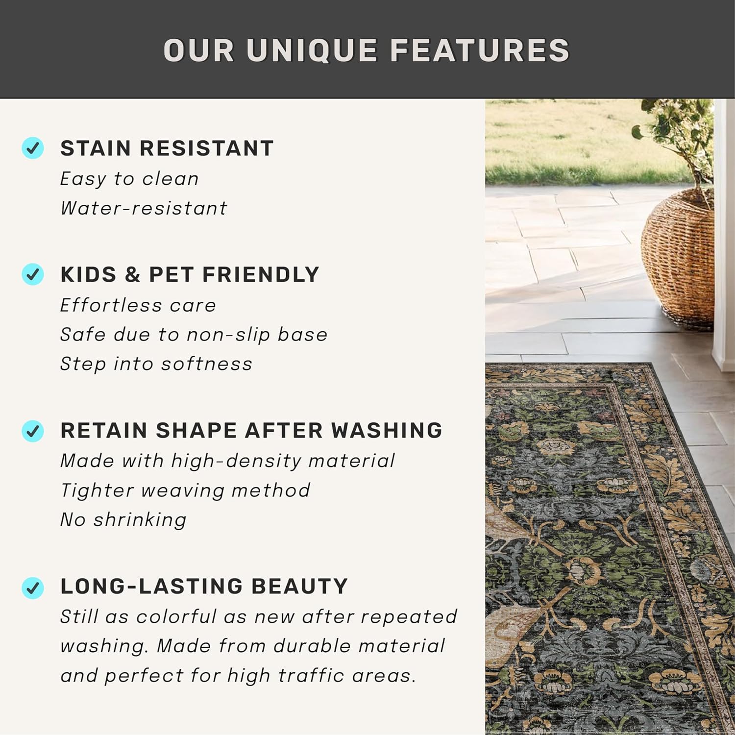 Vintage Floral Area Rug 5x7 for Living Room - Dark Green Forest Bird Rugs for Bedroom, Dinning Room, Office, Non Slip Stain Resistant Low Pile - Image 6