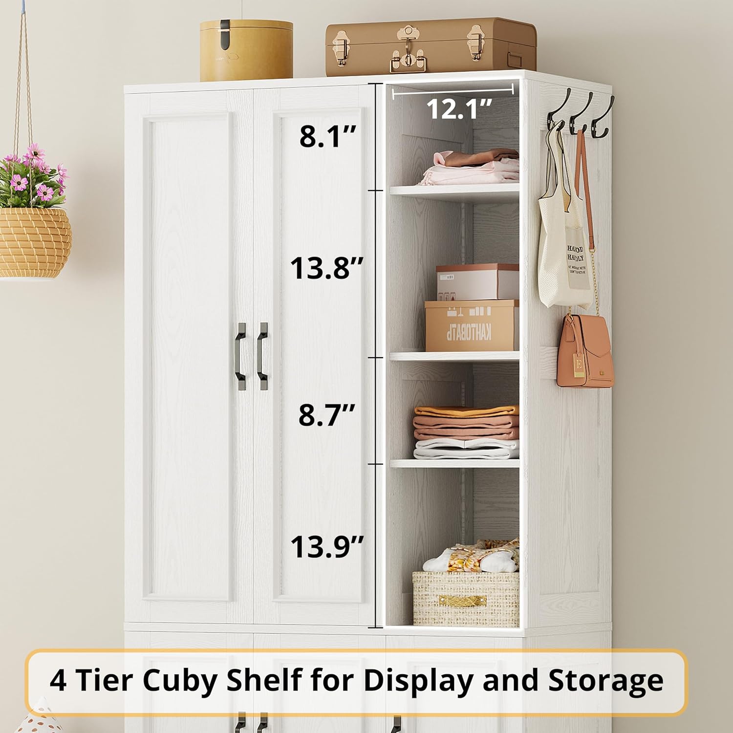 LIKIMIO Armoire Wardrobe Closet 70" H, 5 Doors Bedroom Wooden Wardrobe with 4 Storage Shelves and Hanging Rod, Clothing Storage Cabinet Organizer Combination, White - Image 4