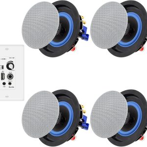 Herdio Bluetooth Ceiling Speakers Wired 4 Inches 2-Way with 4 Channel Amplifier Receiver for Home Theater Living Room Office(4 Speakers)