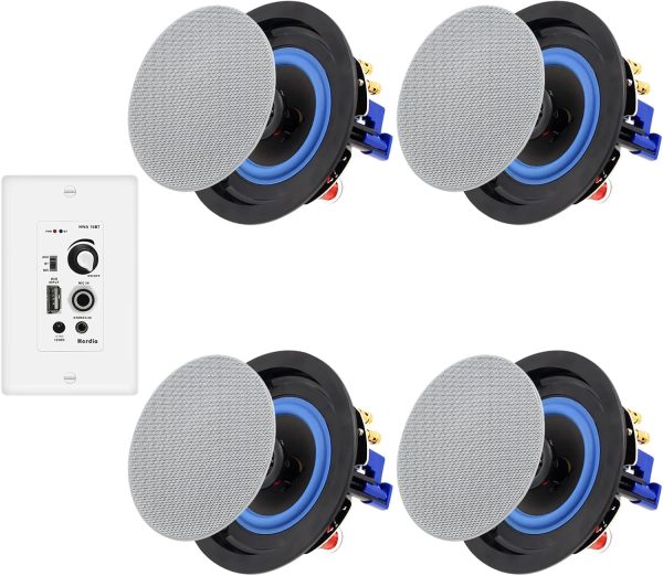 Herdio Bluetooth Ceiling Speakers Wired 4 Inches 2-Way with 4 Channel Amplifier Receiver for Home Theater Living Room Office(4 Speakers)