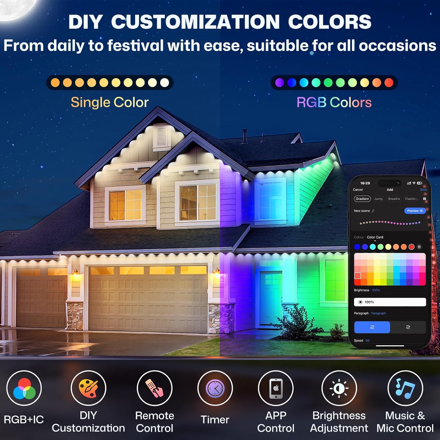Permanent Outdoor Lights, 100ft Smart Eave Lights with 72 LED Lights, IP67 Waterproof, App Control, Outdoor String Lights, DIY RGB+IC Light for House Halloween Decorations, White - Image 5