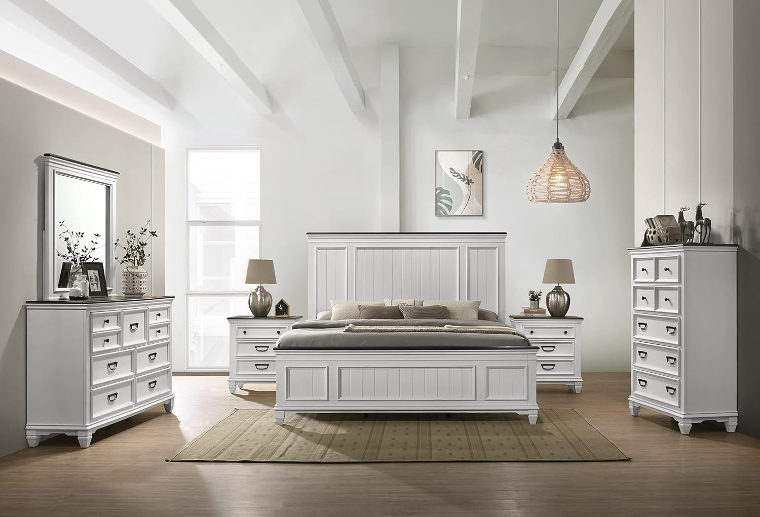 Roundhill Furniture Clelane Wood Bedroom Set with Shiplap Panel Queen Bed, Dresser, Mirror, Two Nightstands, and Chest in Weathered White and Dark Gray