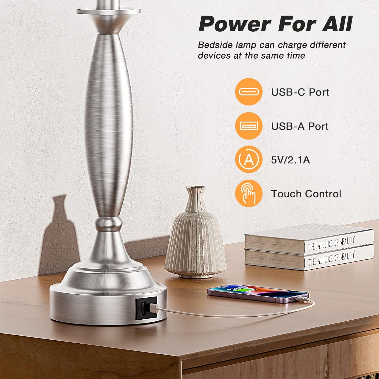 Bedrooms Touch Control Bedside Lamp with USB C+A, 3 Way Dimmable Nightstand Lamps with USB Port, Brushed Nickel Table Lamp for Living Room Guest Room Bed Side End Table, Set of 2 - Image 4