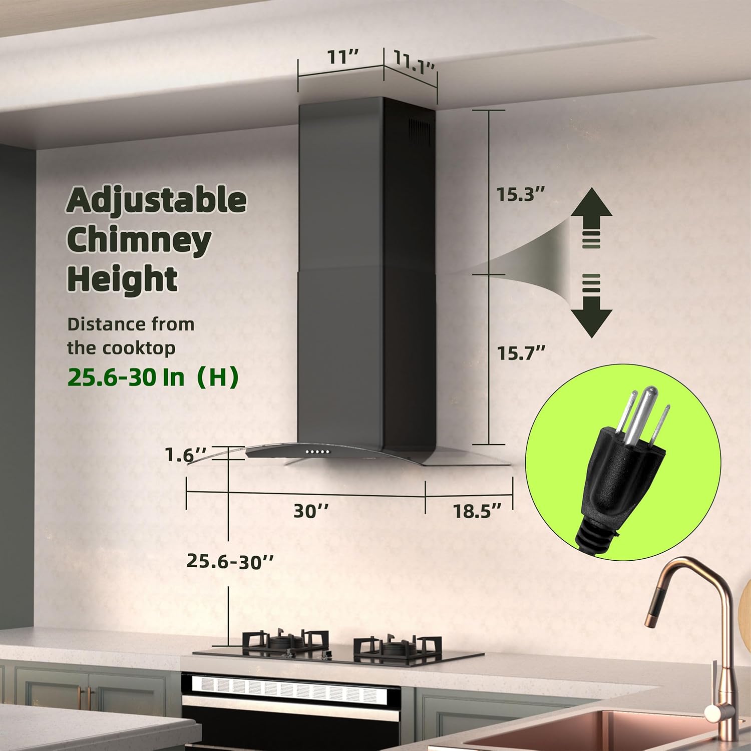 FIREGAS Wall Mount Range Hood 30 inch with 3 Speed Fan,black range hood with tempered glass,400CFM,Push Button Controls, LED Lighting, Permanent Filters in Stainless Steel,includes 2 Charcoal Filters - Image 8