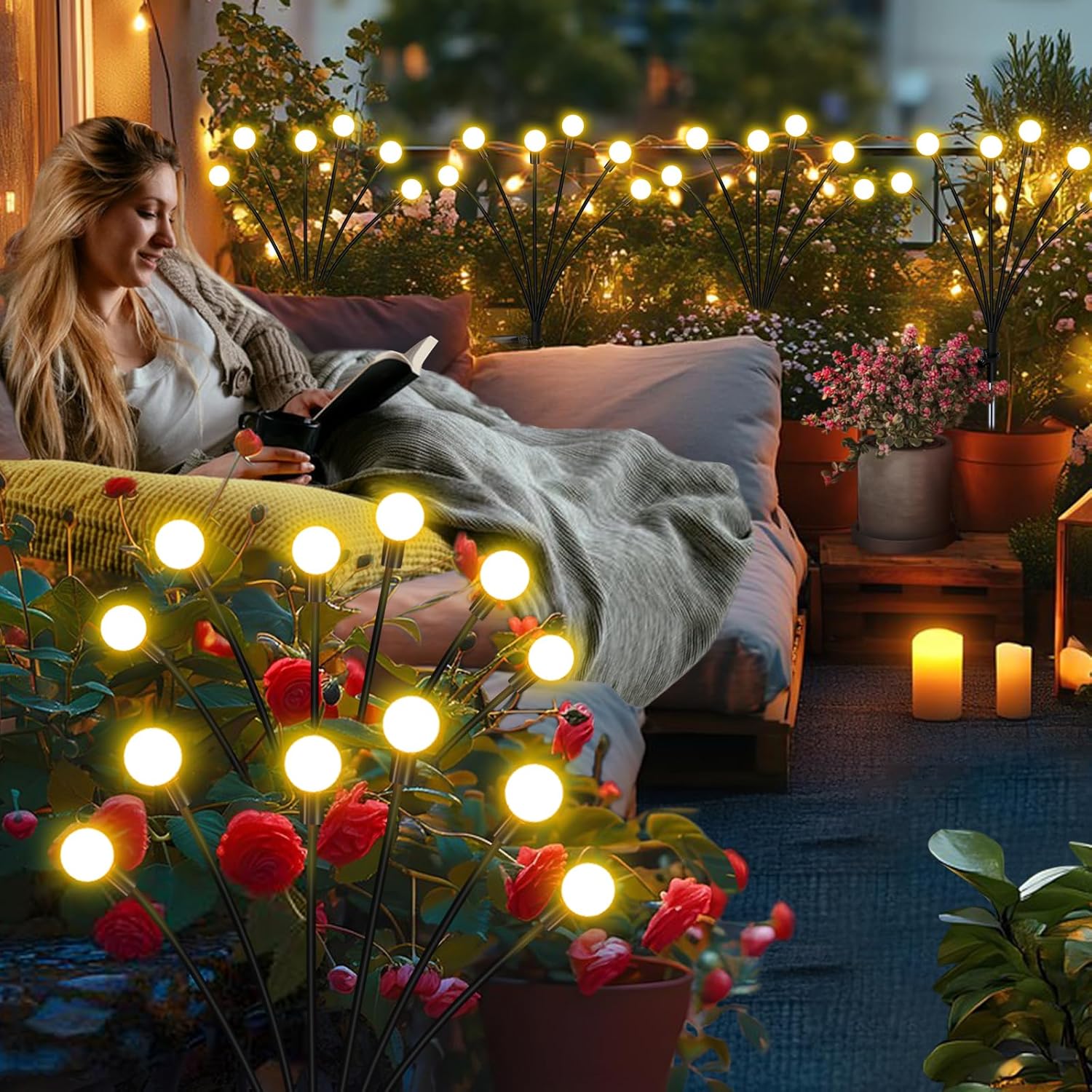 Solar Garden Lights Outdoor, 4 Pack Firefly Swaying Lights, Waterproof Garden Decor for Yard Patio Pathway Lawn, Gardening Gifts for Women Christmas Decoration - Image 2