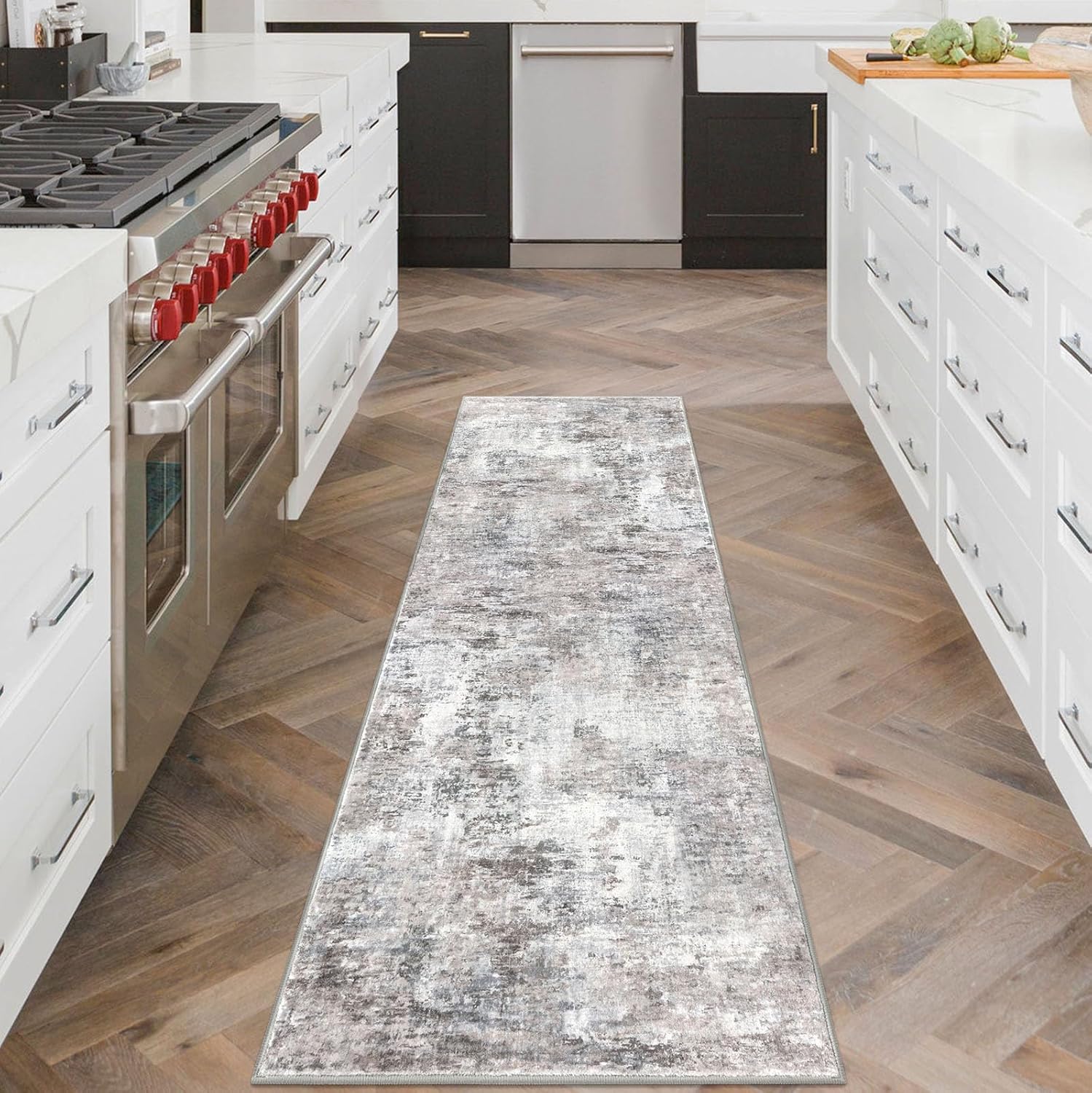 Modern Abstract Runner Rug 2x6, Beige Grey Washable Kitchen Runner Non-Slip Soft Hallway Rug Runner Thin Print Faux Wool Carpet for Entryway Bedroom Laundry Room Indoor Home Decor - Image 2