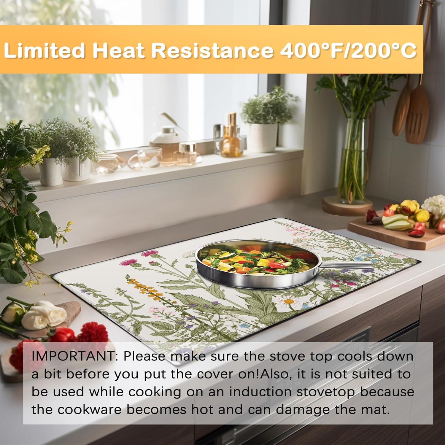 Electric Stove Top Cover Protector – Herbs and Wilds Flowers Glass Flat Top Stove Mat Oven Induction Cooktop Mat for Ceramic Countertop Mats Heat-Resistant Dish Drying Mat - Image 4