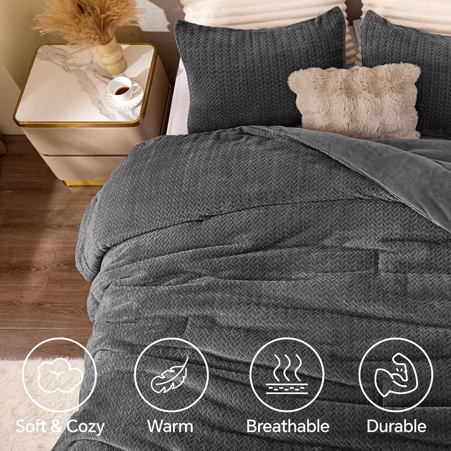Fluffy Comforter King Set - Furry Grey Leaves Pattern Faux Fur Bed Set, Winter Ultra Soft Fuzzy Comfort Set, Velvet Bedding Set for Bed with 2 Pillow Cases - Image 3