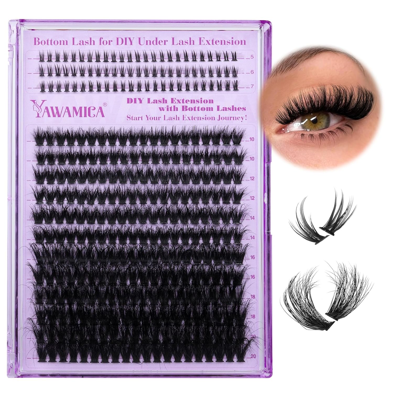 Yawamica Cluster Eyelash Extensions Fluffier Lash Clusters with Bottom Lashes 200D Volume Individual Lashes 315pcs Wispy Eyelash Clusters 10-20mm DIY Lash Extension at Home