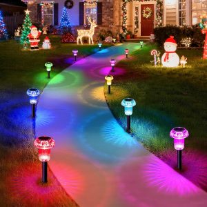 Solar Christmas Lights Outdoor Pathway Waterproof 8 Pack Color Changing LED Acrylic Mushroom Decorative Garden Lights for Yard Landscape Patio Outside Christmas Decorations Outdoor