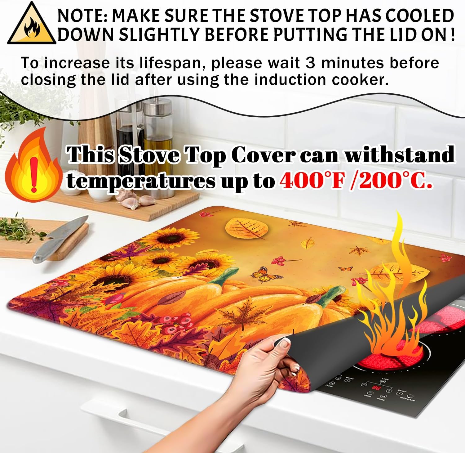 Fall Stove Top Cover for Electric Stove 28 "x 20 ", Pumpkin Leaves Heat Resistant Glass Top Stove Cover Protector, Glass Cooktop Covers, Kitchen Flat Electric Stove Top Covers - Image 3